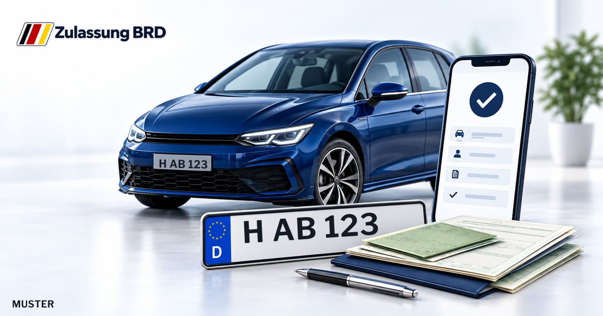 Online Fahrzeugzulassung in Seelze: Musterkennzeichen H AB 123, Auto und Fahrzeugpapiere und Smartphone. Illustration mit Logo von Zulassung BRD.